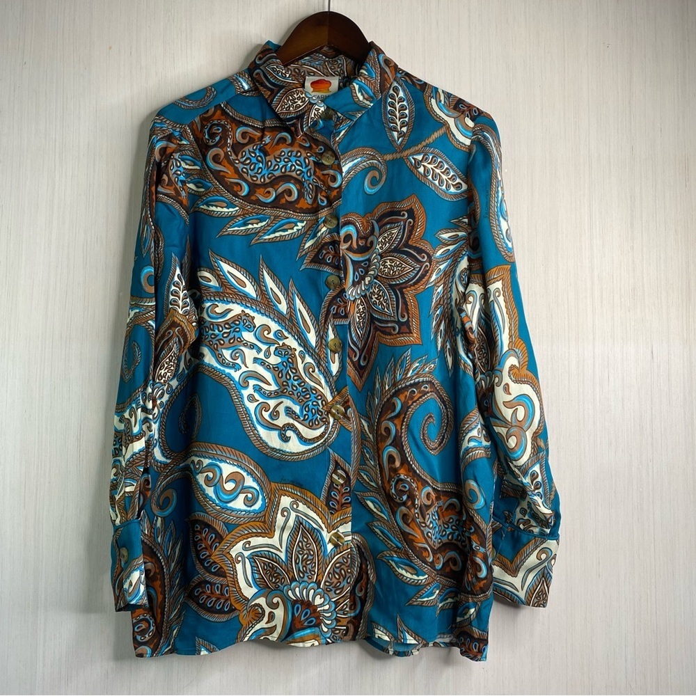 Farm For Nuuly Women’s Button Up Paisley Print Blue and Brown Blouse Medium